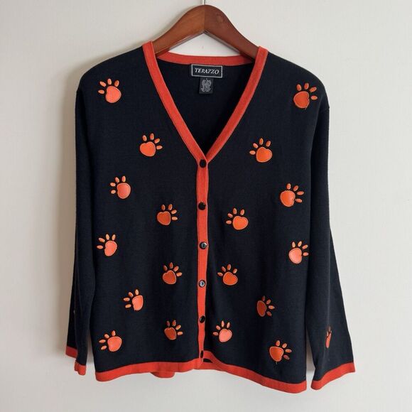 Terazzo Women’s Large Black Cardigan Paw Print Sweater Orange Trim Dog Cat - Picture 5 of 13